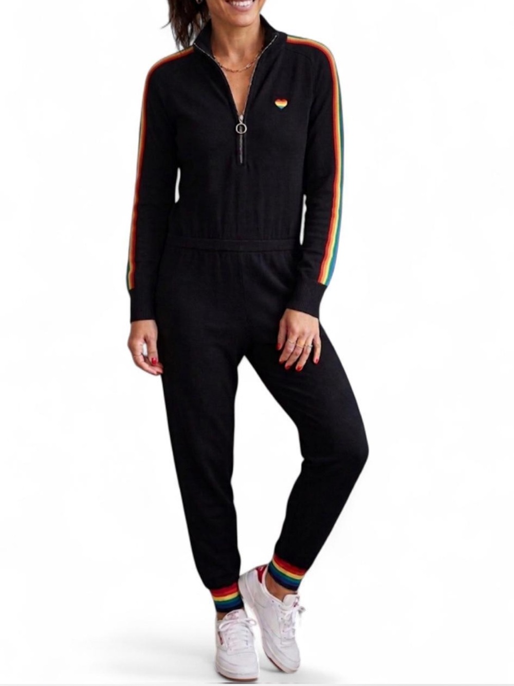 Spiritual Gangster Onesie Jumpsuit in Black with Rainbow Stripes Small